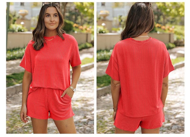 Asvivid Women's Summer Short Sleeve Twisted Thread Shirt & Shorts with Pockets Casual Pajamas Ribbed Textured Outfit Matching Lounge Set