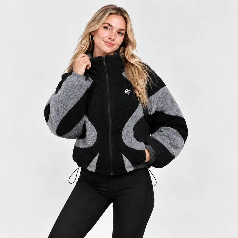 Women's Color Block Sherpa Fleece Long Sleeve Coat - Full Zip Top, Contrast Splicing Design, Chest Embroidered Logo, Elastic Cuffs, Adjustable Hem Drawstring, Side Pockets, Comfortable Fuzzy Fabric, for Everyday Casual & Street Style