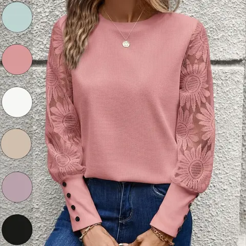 Women's Waffle Knit Top, Floral Lace Patchwork Long Sleeve Shirts, Round Neck Casual Shirt for Spring & Fall, Womenswear