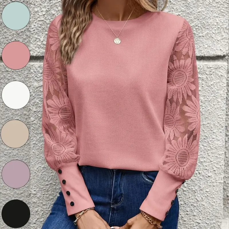 Women's Waffle Knit Top, Floral Lace Patchwork Long Sleeve Shirts, Round Neck Casual Shirt for Spring & Fall, Womenswear