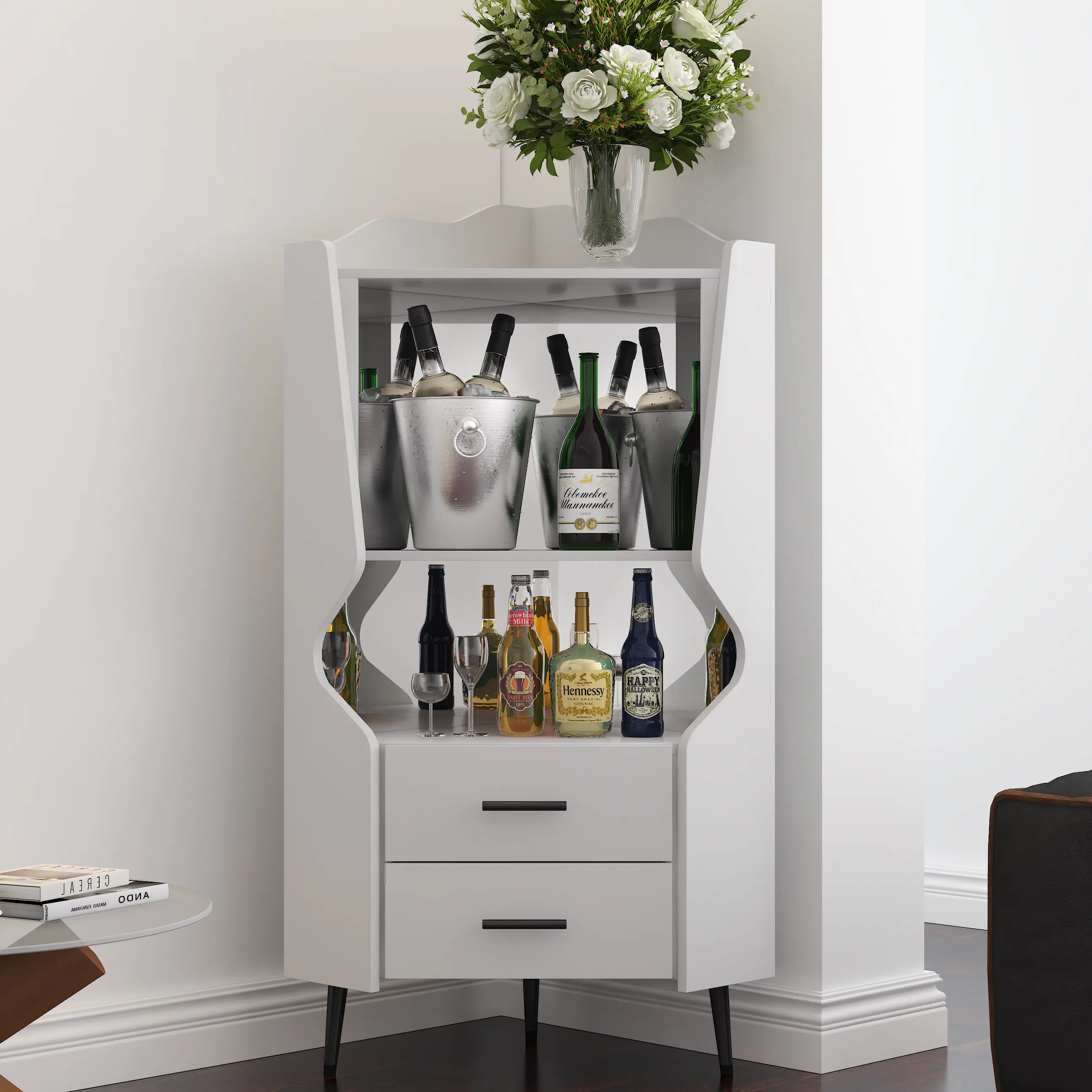 Nokaa Wooden Corner Bar Cabinet with 2 Open Shelves and 2 Drawers, Mirrored Back Sideboard Buffet Cabinet, High Feet/Legs for Easy Cleaning, White Home Bar Storage Cabinet for Living Room Dining Room