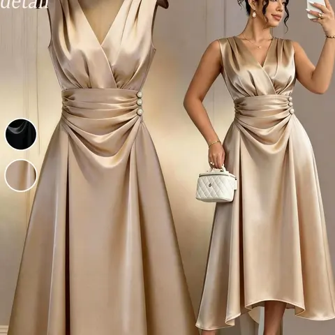 Plus Size Satin Party Dress, Champagne Color Cross V Neck Sleeveless, Pearl Embellished High-Low Hem, Evening Gown for Weddings, Parties, Photoshoots