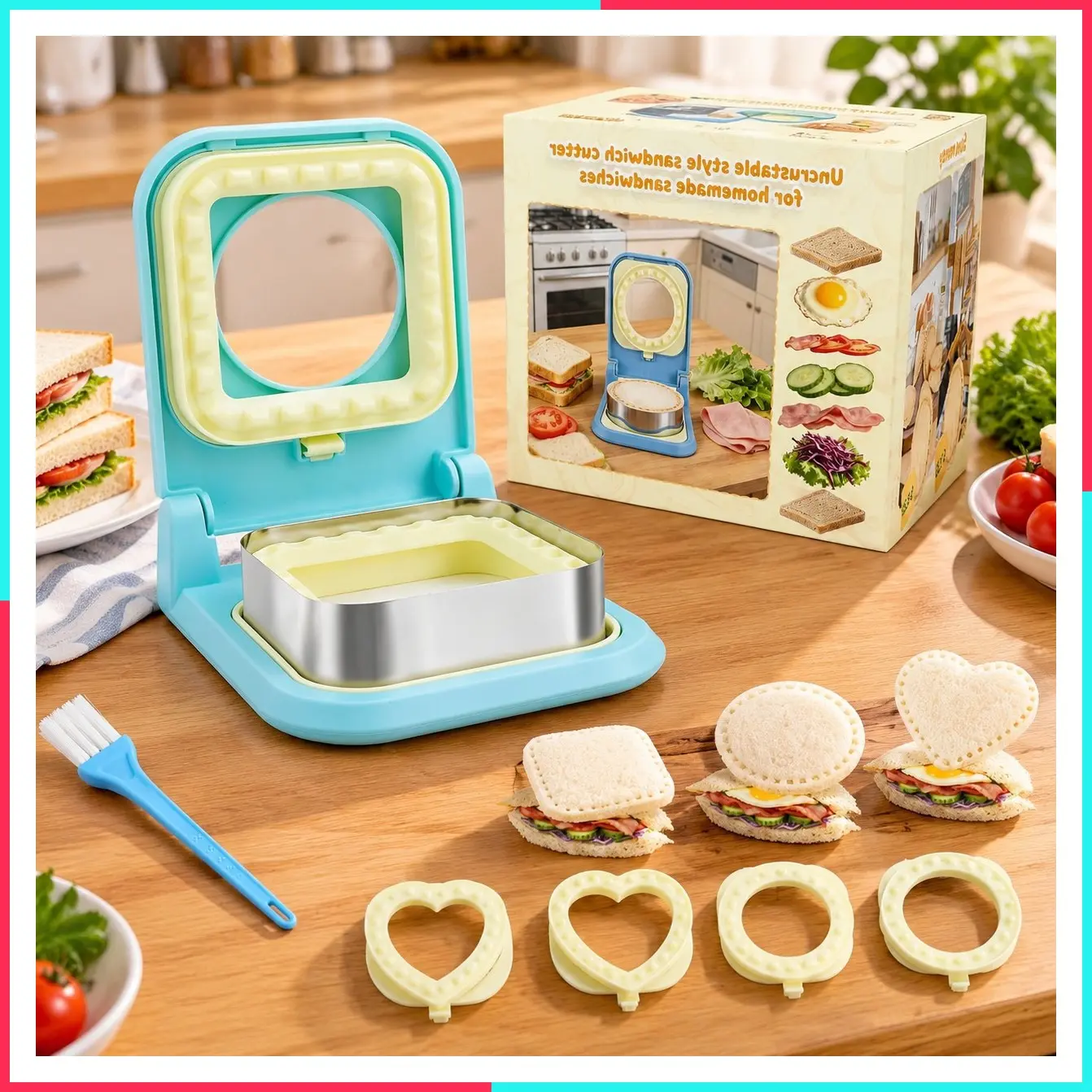 3-in-1 Crustless Sandwich Maker - Heart/Circle/Square Cutter & Sealer for Kids' Lunch, Breakfast & Lunchboxes | BPA-Free Press, Easy Clean, Food-Grade PP (Light Blue)