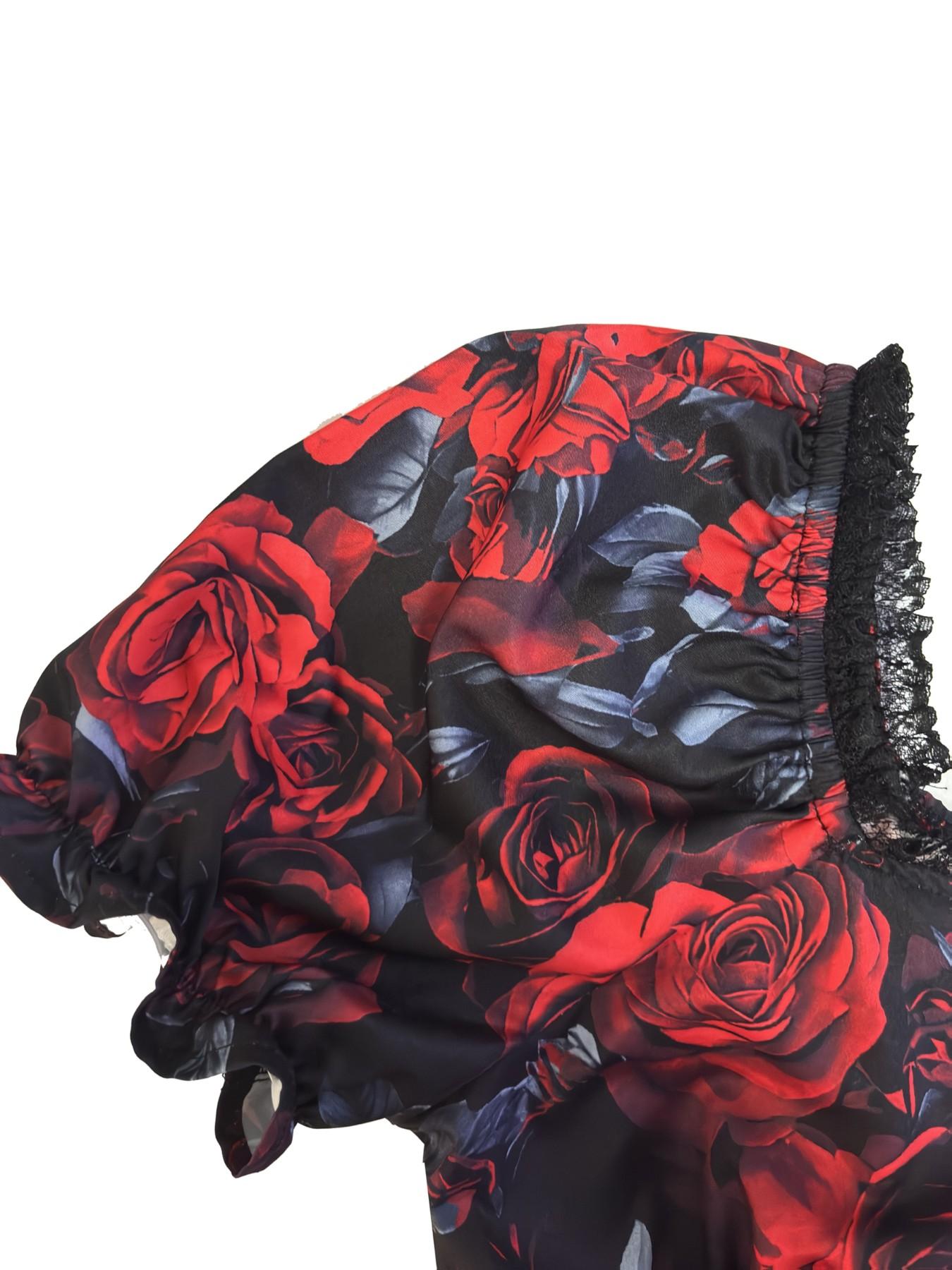 Gothic Vintage Bubble Sleeve Rose Print Dress, Lace Patchwork Dark Rose Retro Dress, Spring Summer Women's Floral A-Line Dress