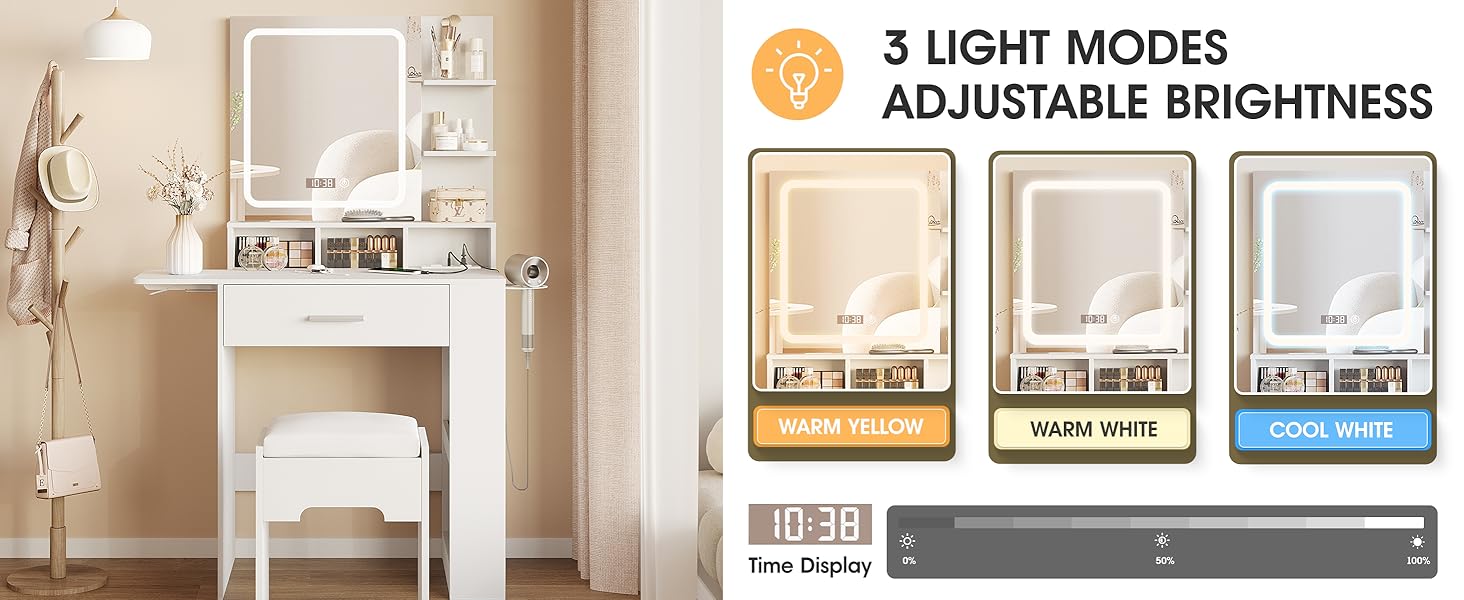 Vabches Vanity Desk with Mirror and Lights, Small Makeup Vanity with Drawer & Lots Storage Shelves, White Vanity Table with Charging Station & Time Display, Vanity Set with Chair, for Bedroom