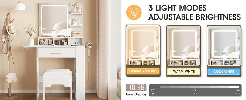 Vabches Vanity Desk with Mirror and Lights, Small Makeup Vanity with Drawer & Lots Storage Shelves, White Vanity Table with Charging Station & Time Display, Vanity Set with Chair, for Bedroom