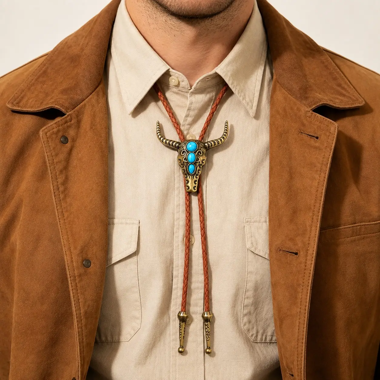 Unisex Western Bull Skull Bolo Tie - Animal-Themed, Natural Stone Inlay, Braided Cord Cowboy Necktie, Casual Daily Vintage Costume Jewelry Accessory