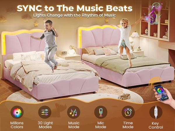 Sikaic Upholstered Platform Led Bed Frame with USB Ports Drawers Pink Furniture Corner Headboard Bedroom Set Bedframe