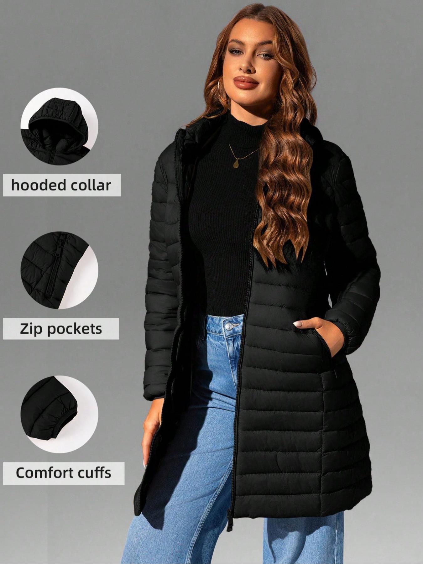 Women's Mid-Length pufferHooded Jacket with Zipper Pockets, Casual Plain Woven Fabric Coat for Fall & Winter Outdoor Commuting