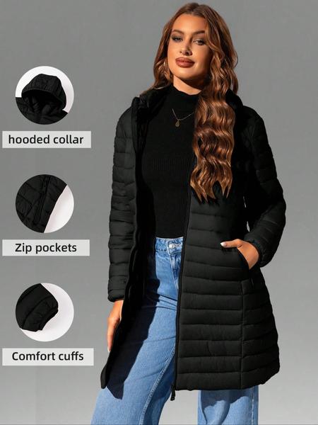 Women's Mid-Length pufferHooded Jacket with Zipper Pockets, Casual Plain Woven Fabric Coat for Fall & Winter Outdoor Commuting