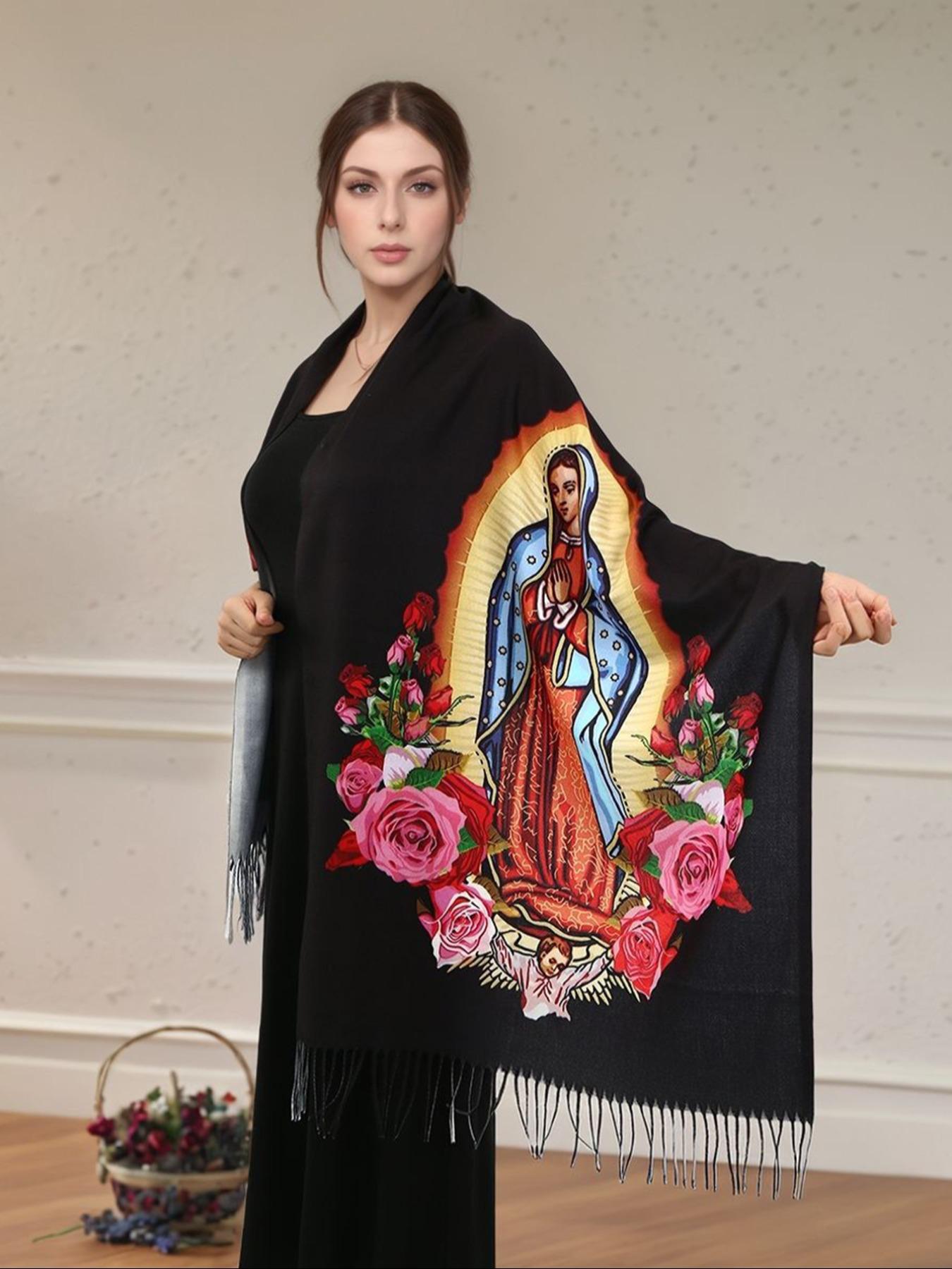 Elegant Printed Polyester Scarf with Tassel Fringe, Shawl Wrap for Women, Windproof & Warm, Perfect for Parties & Gifts, Tassel Decor Shawl