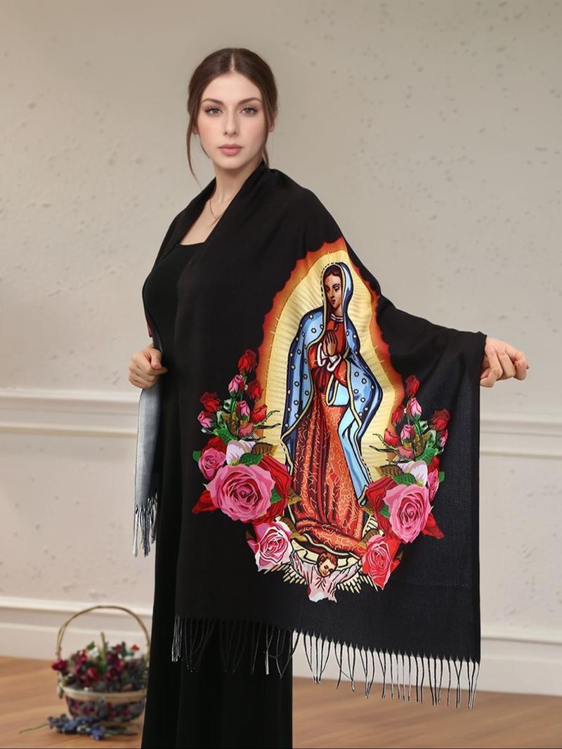 Elegant Printed Polyester Scarf with Tassel Fringe, Shawl Wrap for Women, Windproof & Warm, Perfect for Parties & Gifts, Tassel Decor Shawl