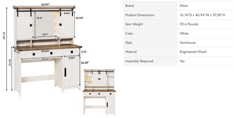 Sikaic Sliding Mirror Makeup Vanity With Lights & Barn Doors Charging Station Jewelry Hooks And Open Storage Shelves Modern Drawer