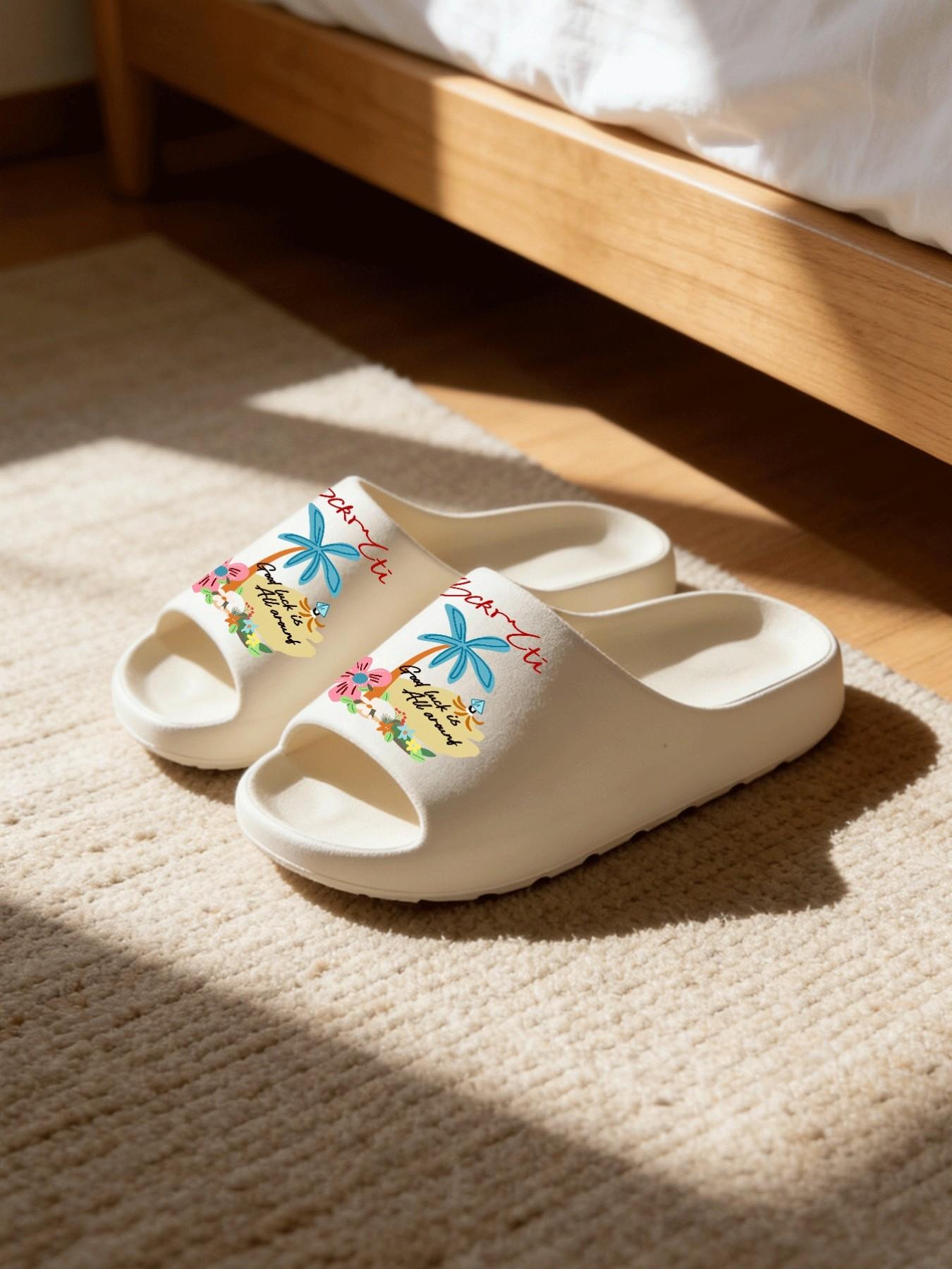 1 Pair Summer Vacation Palm Tree Printed Thick Sole Slippers, Vitality Fresh Style, Non-slip Soft Sole, Indoor & Outdoor Dual-use, Open Toe Slides, Casual Slippers