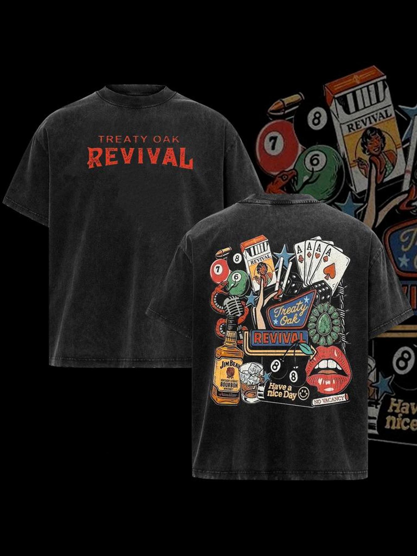 Vintage Treaty Oak Revival Western Cotton T-Shirt, Graphic Denim Pattern, Casual Comfortable Fit, Men's & Women's Fall Winter Top