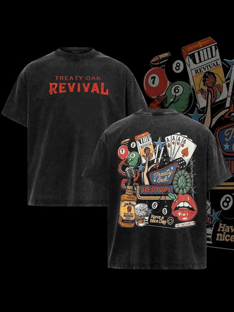 Vintage Treaty Oak Revival Western Cotton T-Shirt, Graphic Denim Pattern, Casual Comfortable Fit, Men's & Women's Fall Winter Top