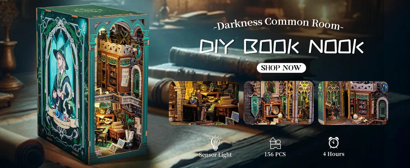 CUTEBEE Darkness Common Room DIY 3D Book Nook Kit  Magic Series Miniature Bookcase with LED Lights Handmade Creative Toy for Teens Adults Holiday Christmas Black Friday Gift Dust Proof Home Decor Magical Ambiance