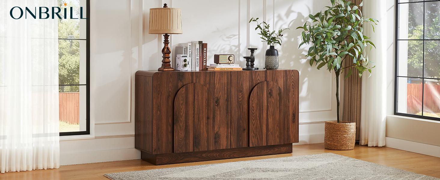 ONBRILL 31.5”/60“ Sideboard Buffet Cabinet with Storage, Farmhouse Curved Design Accent Cabinet with Doors & Adjustable Shelves, Modern Coffee Bar Credenza for Living Room, Kitchen, Hallway