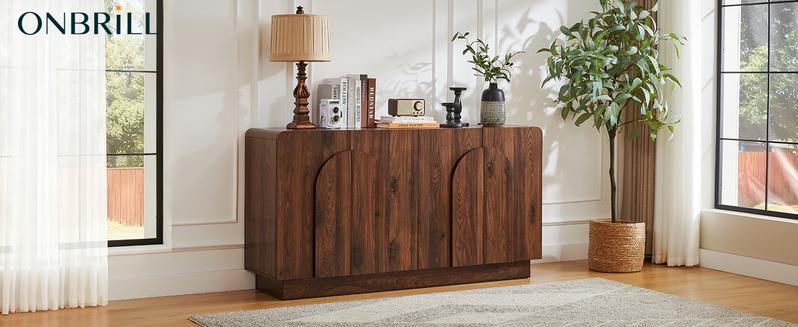 【FallDealsForYou】ONBRILL 31.5”/60“ Sideboard Buffet Cabinet with Storage, Farmhouse Curved Design Accent Cabinet with Doors & Adjustable Shelves, Modern Coffee Bar Credenza for Living Room, Kitchen, Hallway
