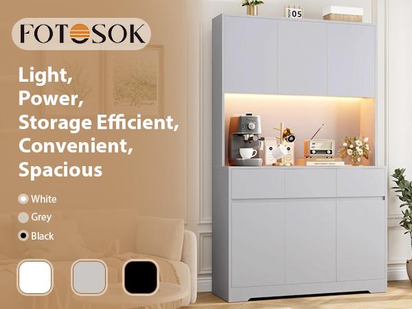 FOTOSOK 71" Modern Black Kitchen Pantry Cabinet with 6 Doors, 3 Drawers, LED Lights, Power Outlets, USB Ports, 39.4" Wx 15.2" Dx 70.9" H
