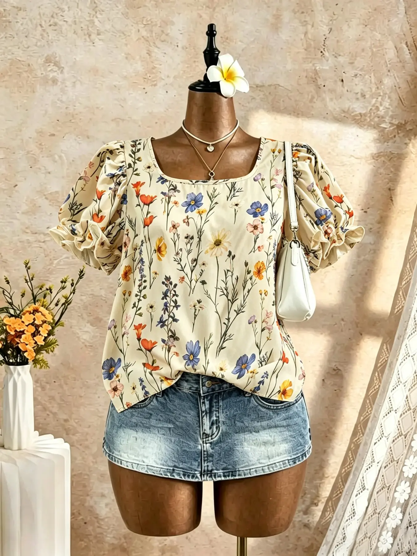 Korean Style Sweet Floral Blouse Shirt, Square Neck Bubble Sleeves, Irregular Hem, Casual Half Sleeve Top, Youthful Vacation Wear