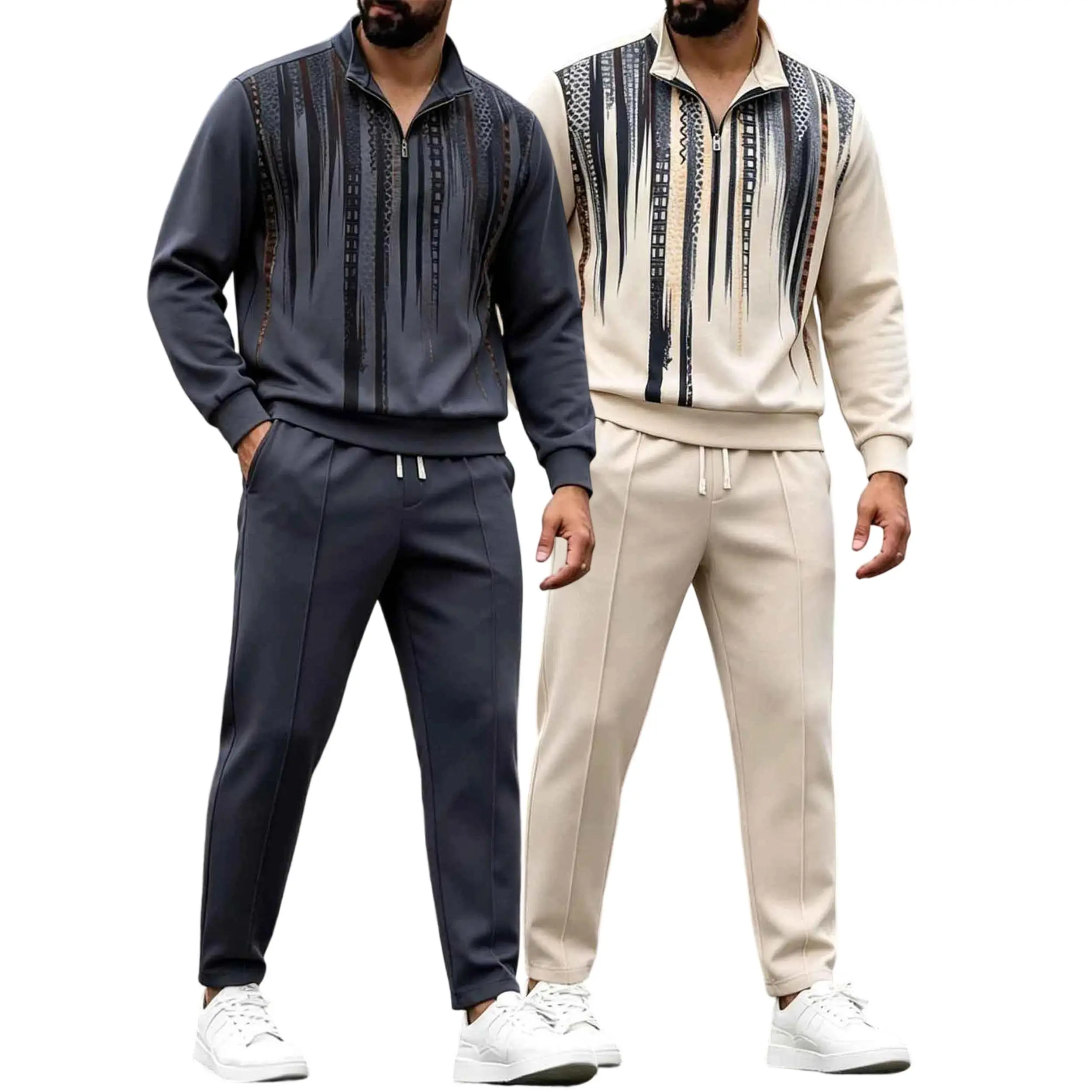 Men's Casual Abstract Print 2-Piece Tracksuit Set - Quarter-Zip Long-Sleeve Sweatshirt, Drawstring Zipper Joggers, Drawstrings