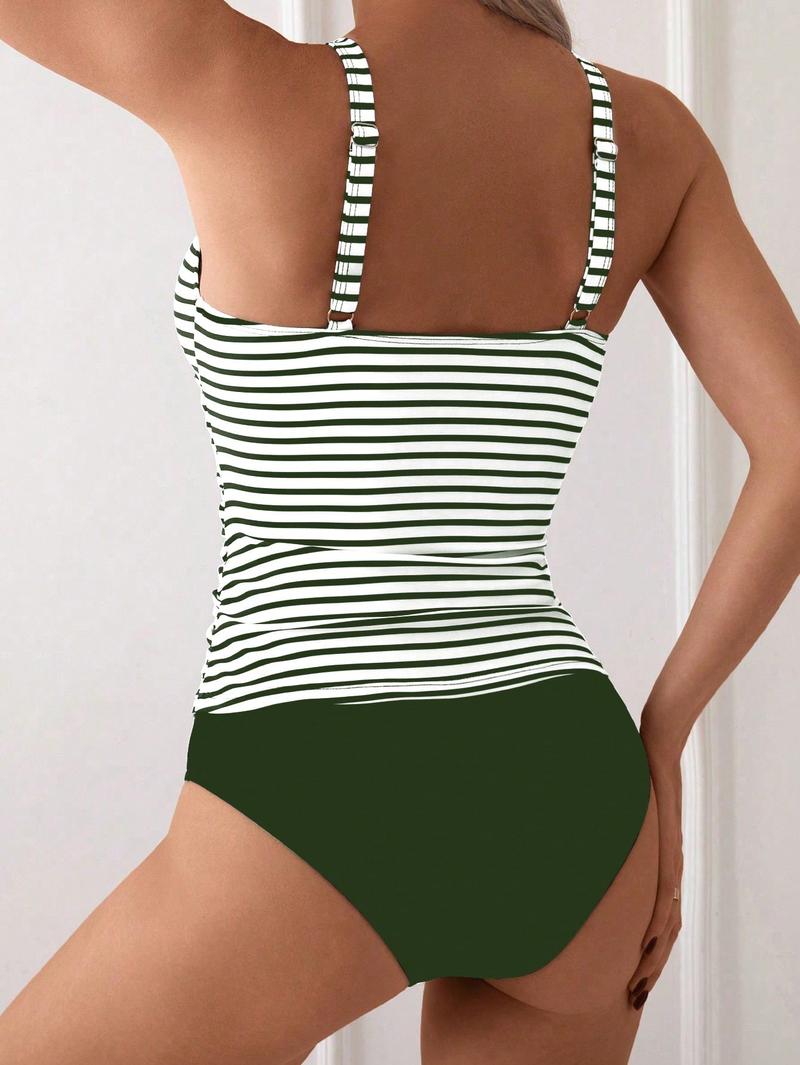 Women's V Neck Two-Piece Swimsuit Set, High Waist Swimwear with Ruched Top, Slimming Belly Control Bathing Suit