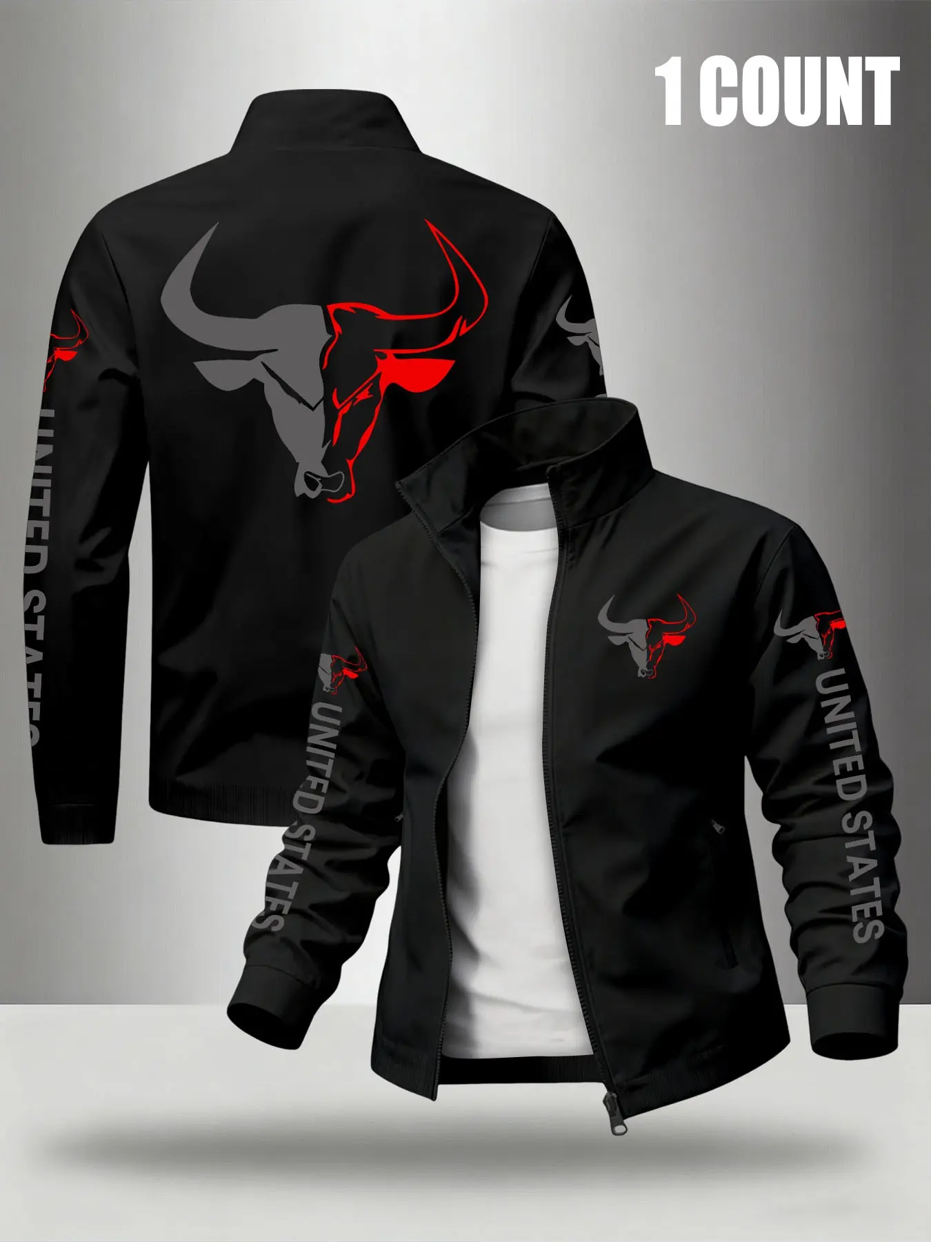 Men Stand Collar Zip Up Jacket Bull Head Graphic Print Long Sleeve Casual Outerwear United States Letter Print Lightweight Windbreaker Streetwear Fashion Daily Wear Coat#MensJacket #Streetwear #CasualOuterwear #GraphicJacket #Windbreaker #MensFashion