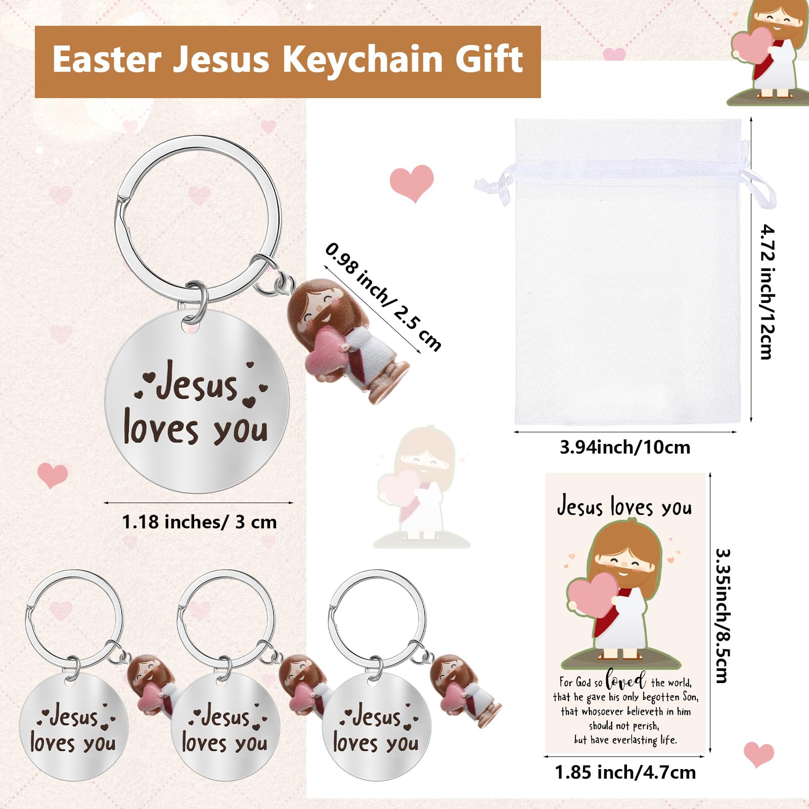 10/30 Sets Easter Jesus Keychain with Love Heart Christian Easter Positive Gift for Women Church Group Employee Appreciation Gift Bulk Religious Party Favor Easter Egg Stuffers Sunday School Gift Emotional Support