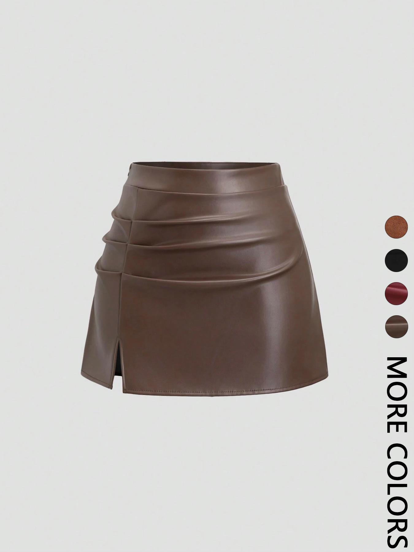 Women's High-Waisted Fitted Mini Short Skirt, PU Leather Chic Vintage Retro Y2K Side-Slit Pleated A-Line Skirt for Spring & Fall for Valentine's Day Date & Party