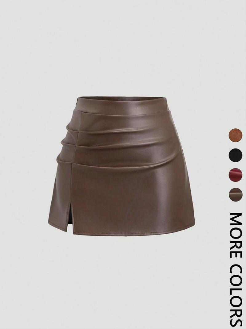 Women's High-Waisted Pleated Mini Skirt PU/Suede Leather Vintage Retro Y2K Side-Slit Flared A-Line for Spring Fall Brazilian Elegant Skirt  Valentine's Day Date & Party