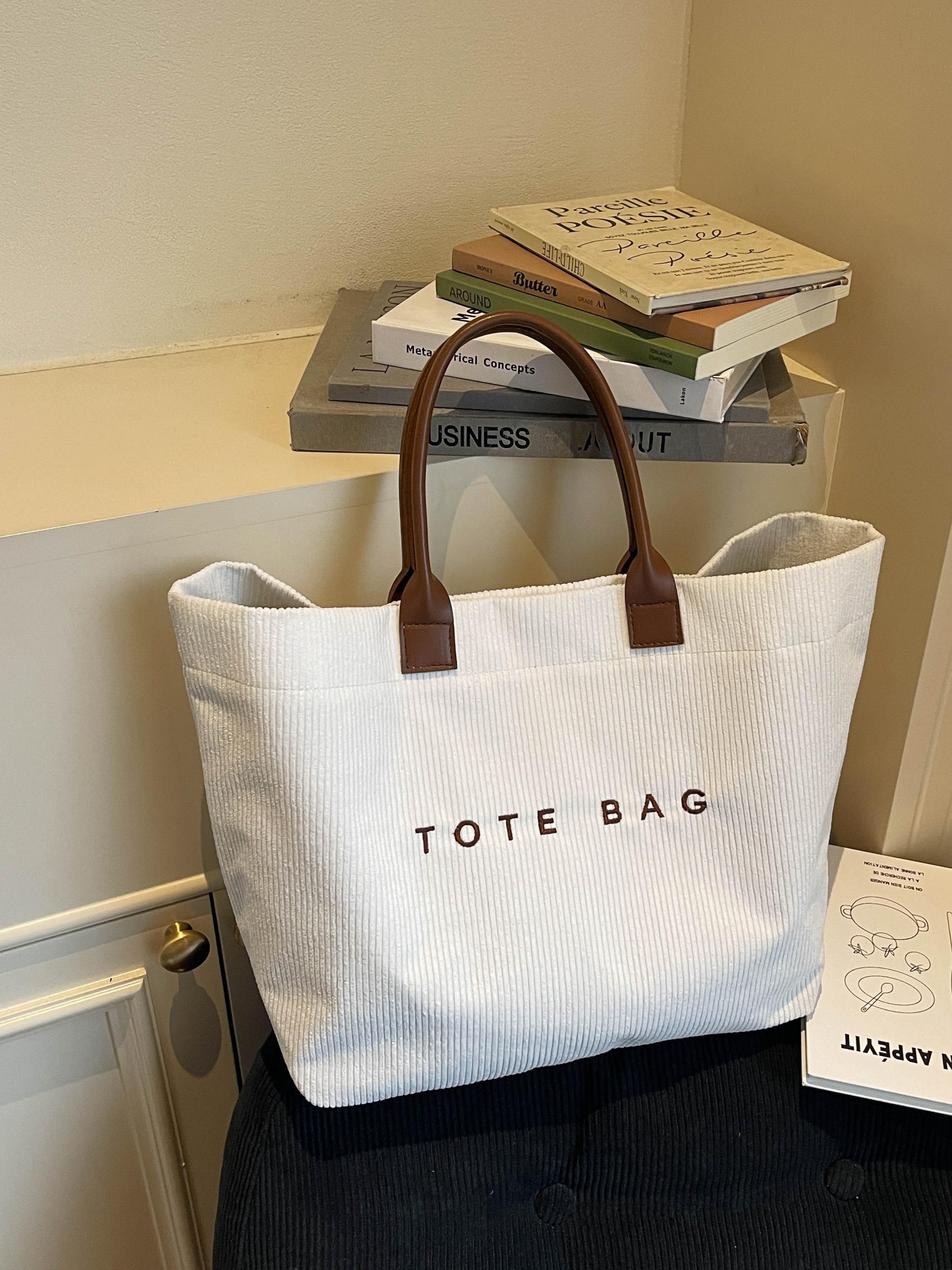 Large Capacity Corduroy Letter Design Handbag, Casual Fashion Shoulder Bag, Work & Daily Use, Everyday Bag, Stylish Tote Bag for Fall & Winter