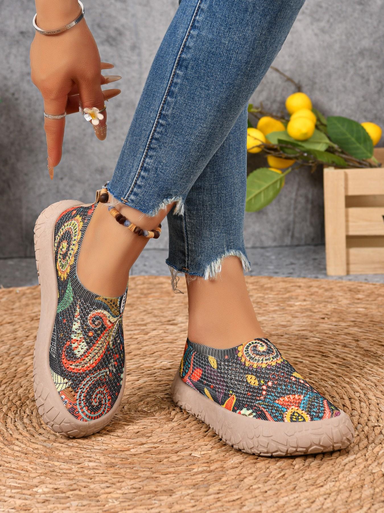 Women's Ethnic Print Slip-On Casual Shoes, Cut Out Mesh Breathable Summer Footwear, Round Toe Thick Sole, Boho Style Comfortable Daily Wear, Summer Boho Shoes