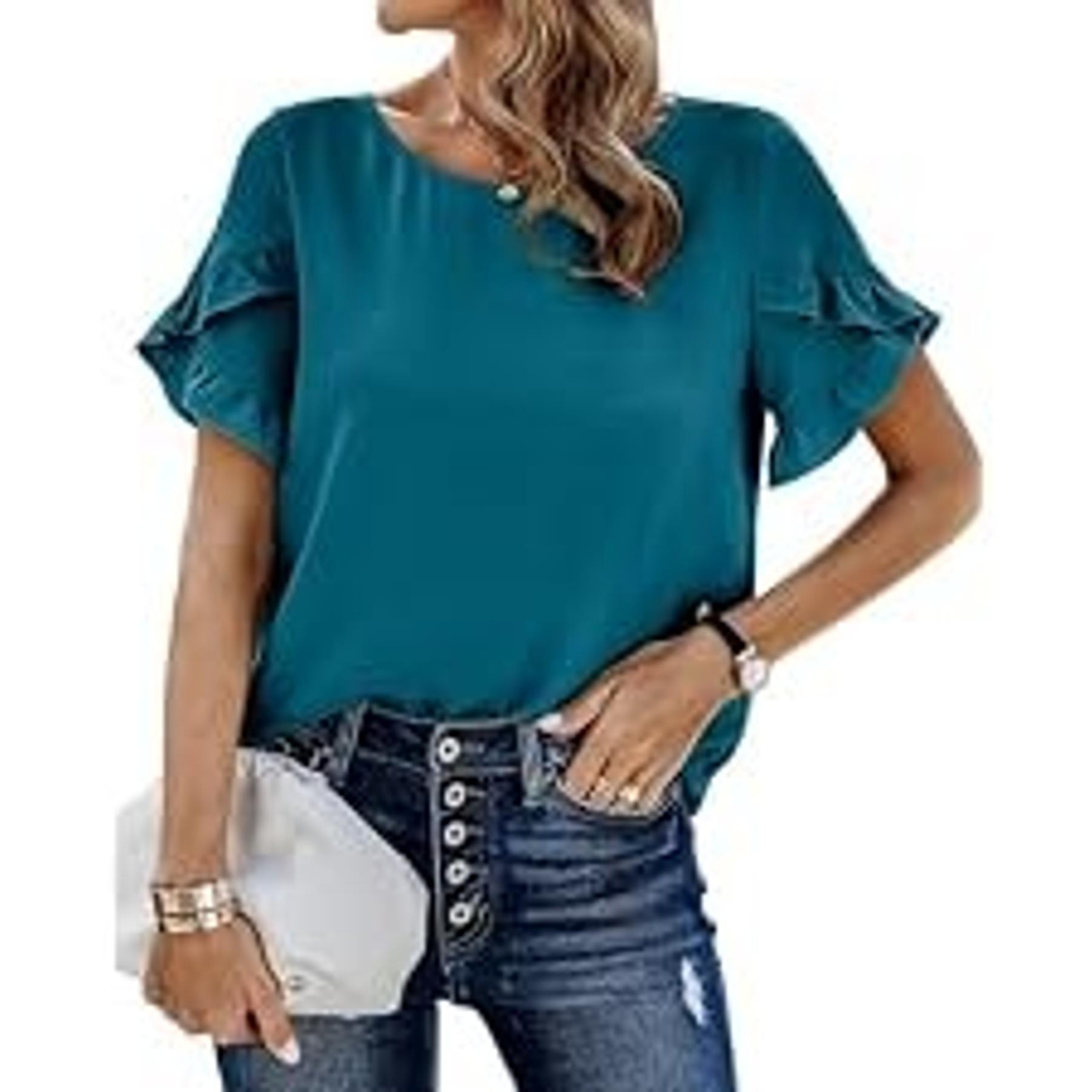 Women's 2026 Summer Ruffle Short Sleeve Crewneck Swiss Dots Solid Loose Tunic Work Blouses(Gift)