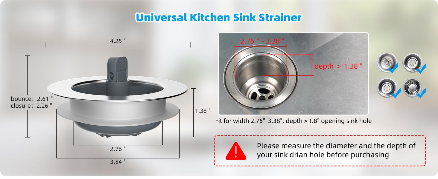 Hibbent 3 in 1 Kitchen Sink Drain Strainer and Stopper Combo, Chrome Stainless Steel Wraped Shell, Anti-Clogging Basket Strainer with Foldable Handle for US Standard 3-1/2" Drain