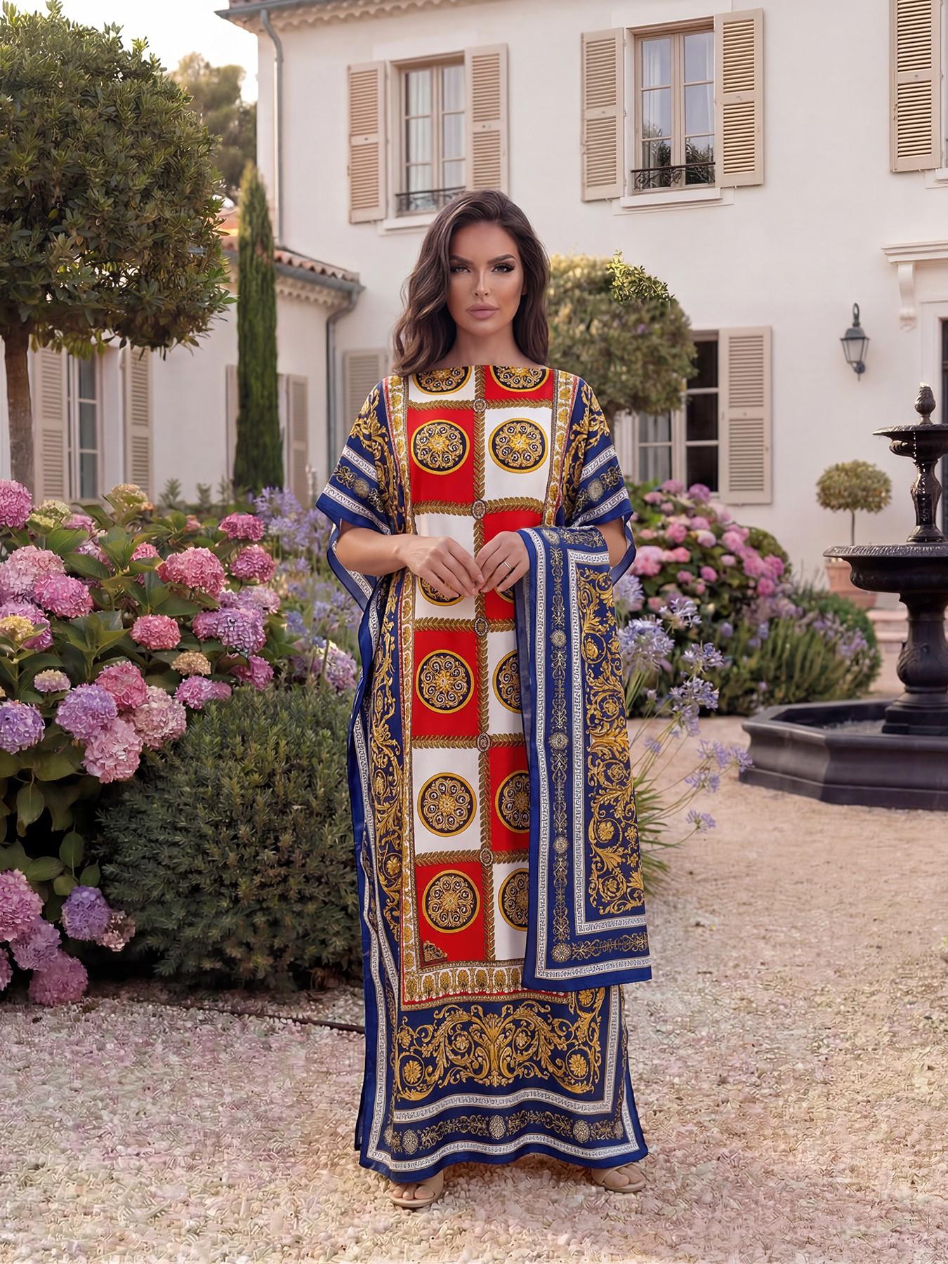 Women's Boho Style Long Robe Set, Fitted All-Over Print Shawl Dress, Sun Protection Silk Scarf, Beachwear for All Seasons