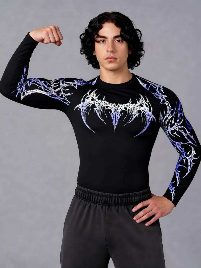Men's Professional Sports Quick-Dry Fitness Shirt, Gothic Print Long Sleeve, High Elasticity, Round Neck, Moisture-Wicking, Running, Training, Daily Wear, Gym Workout Shirt Men's Professional Sports Quick-Dry Fitness Shirt, Gothic Print Long Sleeve, High Elasticity, Round Neck, Moisture-Wicking, Running, Training, Daily Wear, Gym Workout Shirt