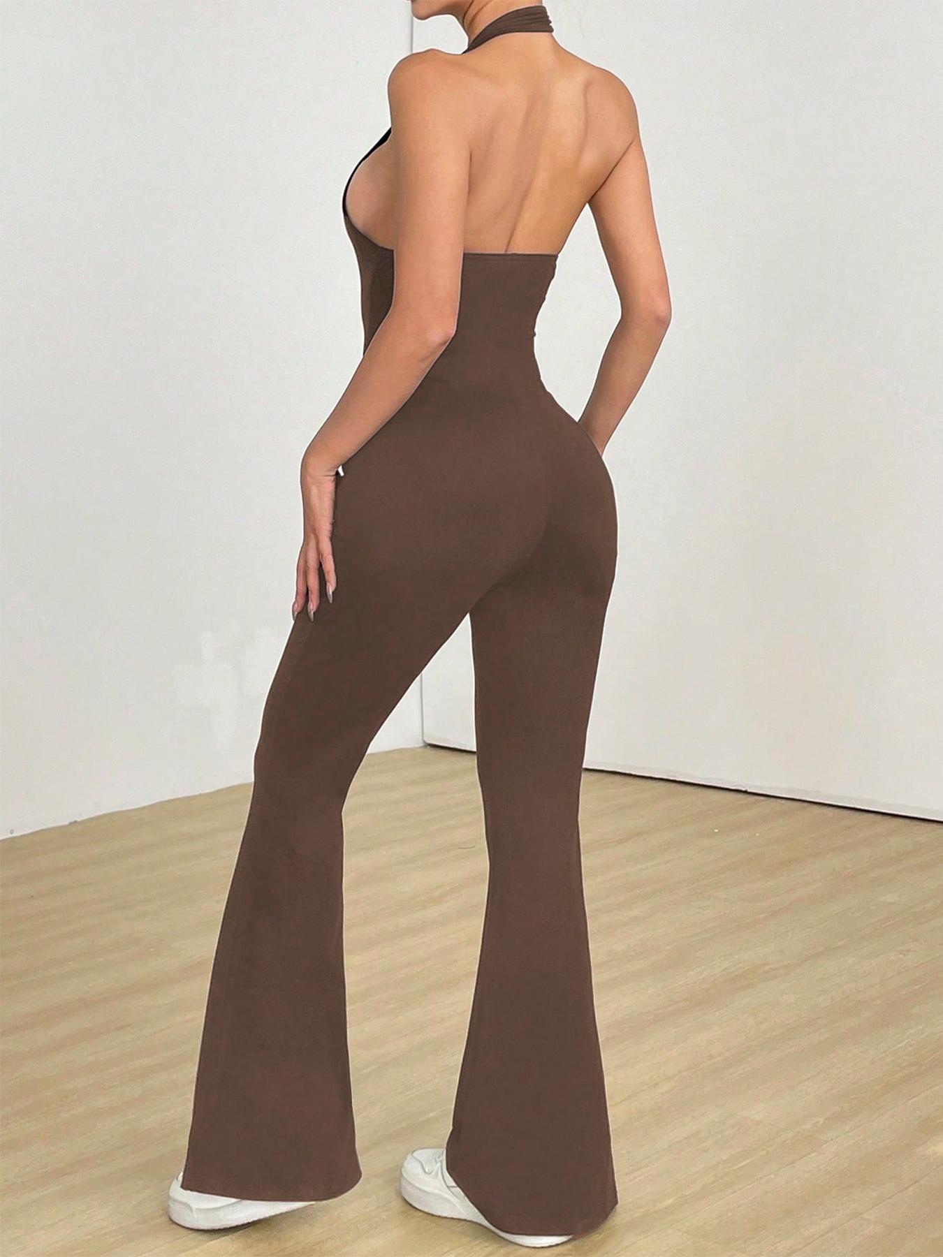 Women's Halter Neck Jumpsuit, Sleeveless Deep V Backless Chic Design, Flare Leg Romper for Casual Wear