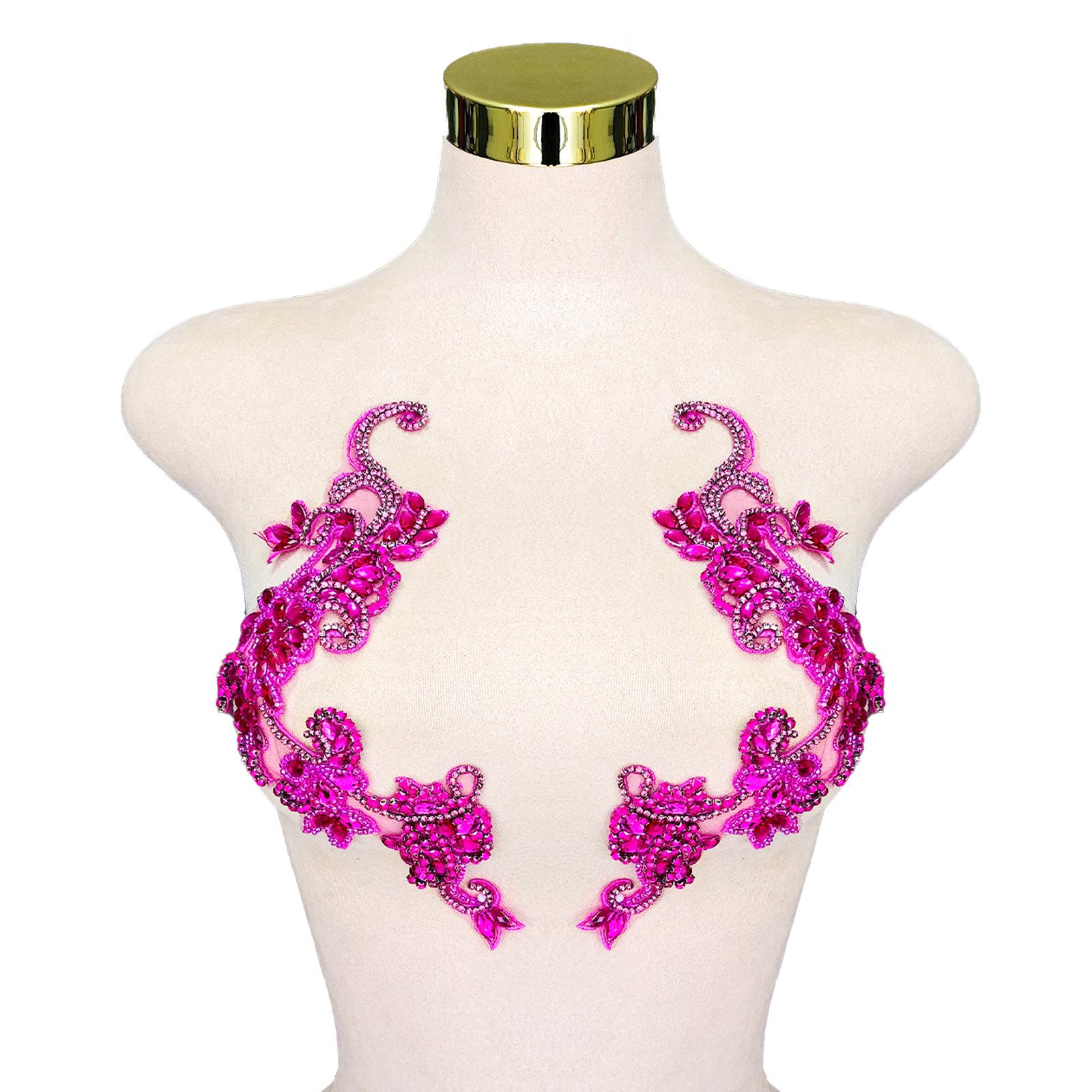Handmade Pink Crystal Beaded Applique Floral Rhinestone Patch Pair for Dress Decoration Bridal Gowns DIY Embellishment