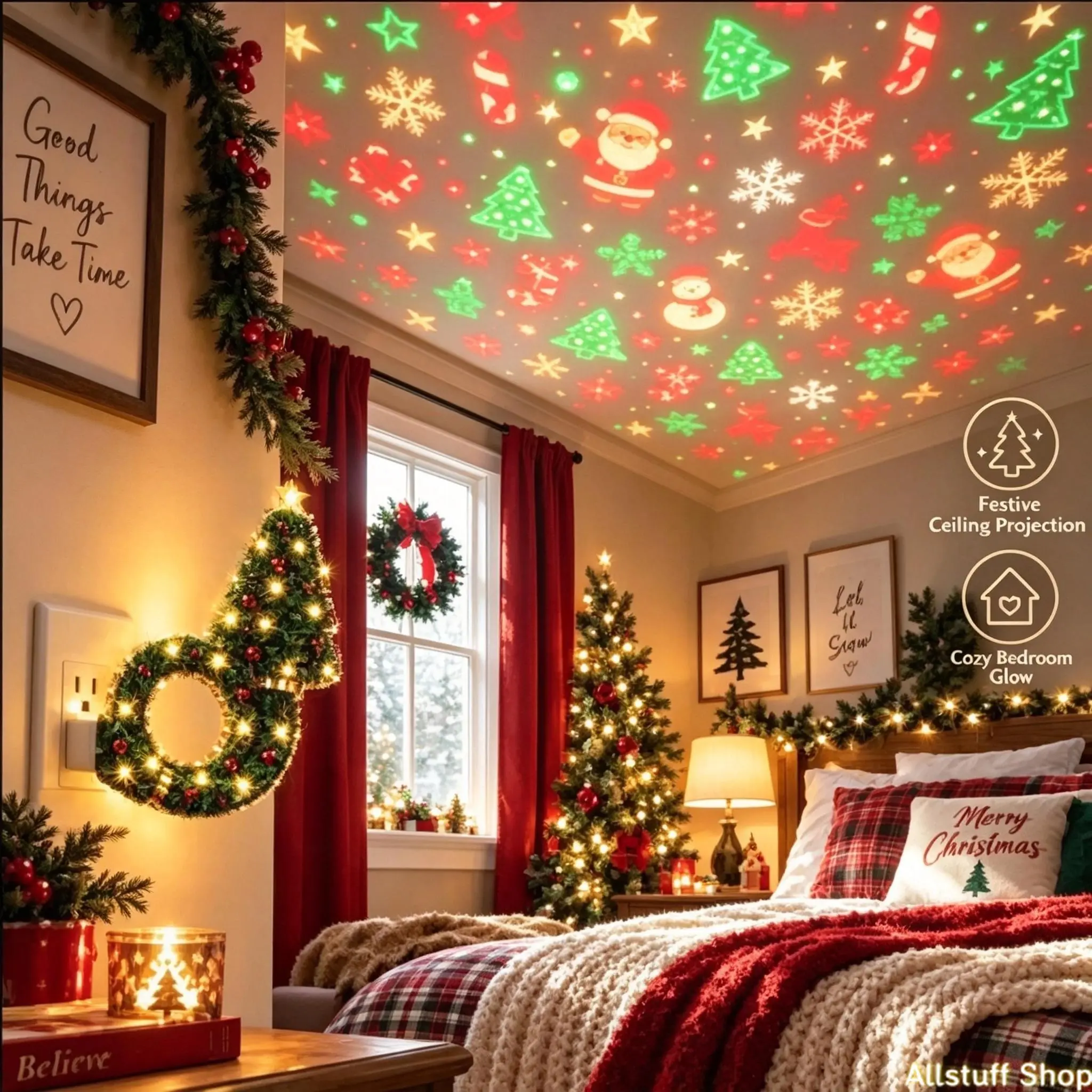 2026 USB Plug-In Christmas Projector Night Light, 6+ Holiday Patterns LED Ceiling Projection Lamp, Christmas Tree Nightlight, Warm LED Room Decor for Bedroom, Party, Xmas Gifts for Kids Family
