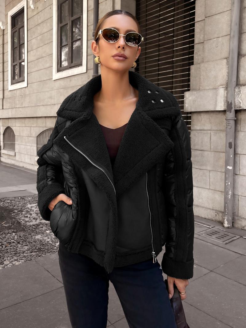 Women's Fall Winter Fur Coat, Stand Collar Warm Top, Motorcycle Style Patchwork Short Jacket, Casual Fitted Long Sleeve Outerwear