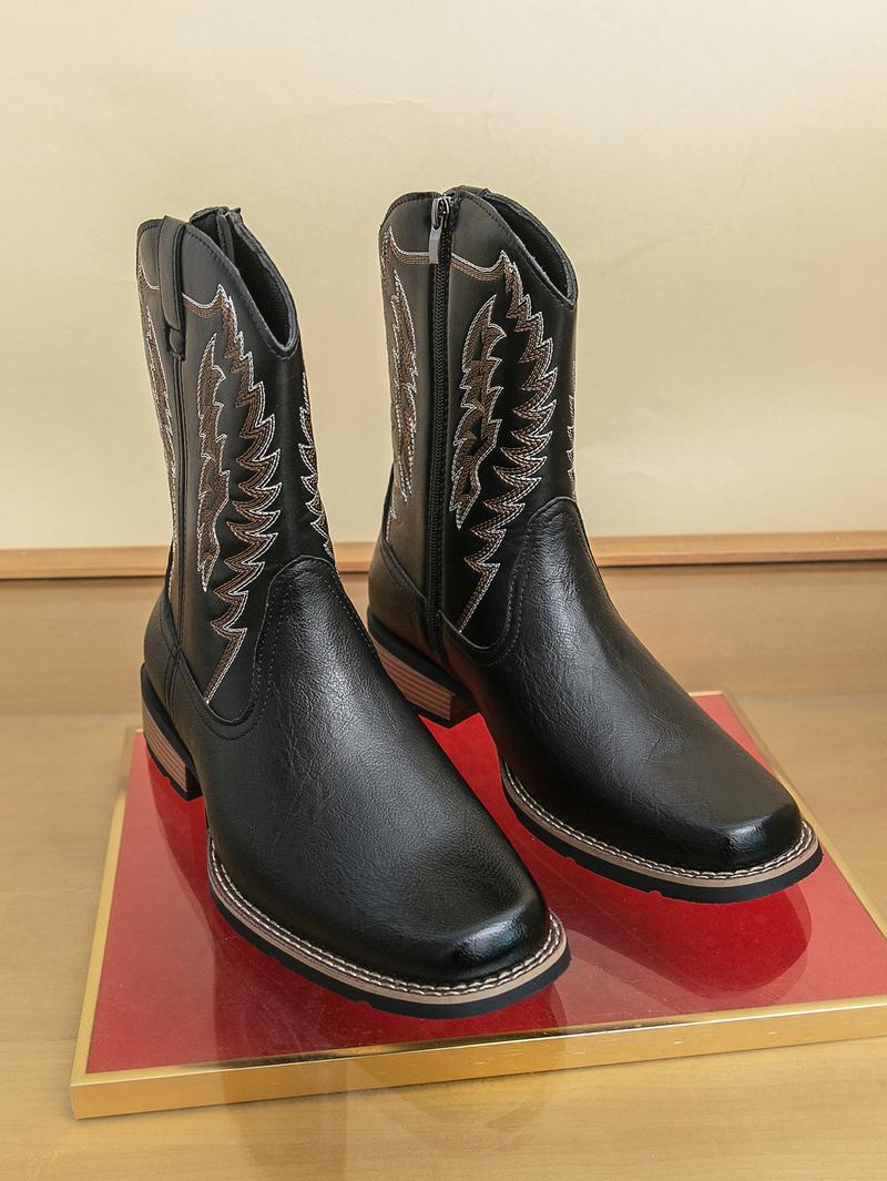 Men's West Wind Resilient Western Boots, Wide Square Toe Cowboy Leather Boots with Snow Feathers Embroidery, Anti-Slip Soft Firm Soles, Classic Western Fashion Footwear for Work, Riding & Daily Walking,mid-calf men,holiday boots