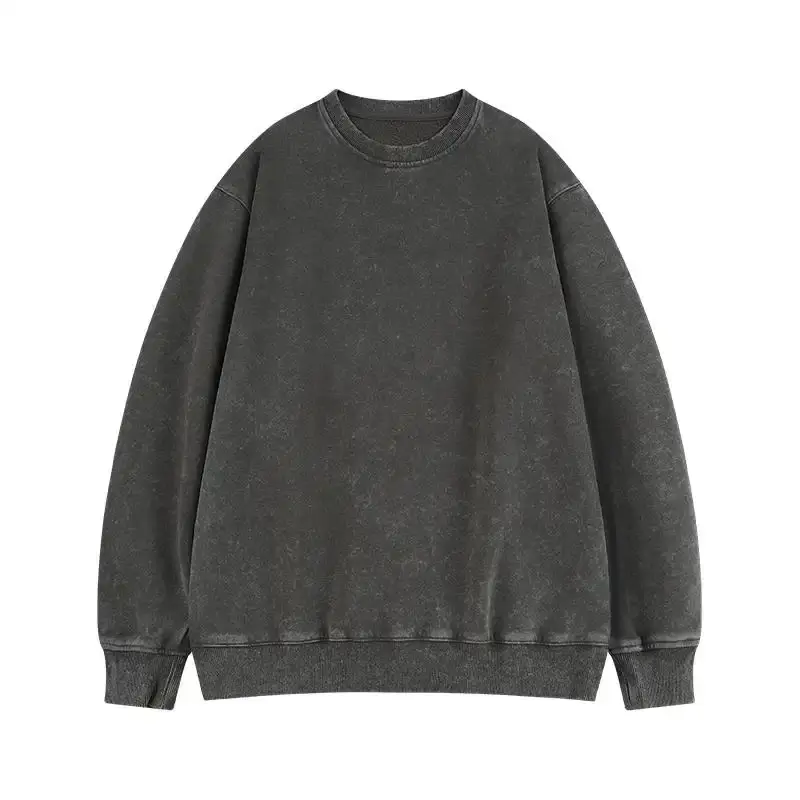 Menswear American Vintage Stone-Washed Distressed Crewneck Sweatshirt for Men - Charcoal Gray with Snowflake Texture, Slim-Fit Drop-Shoulder Long-Sleeve Pullover, Streetwear Hip-Hop Everyday Wear, Multi-Color Options