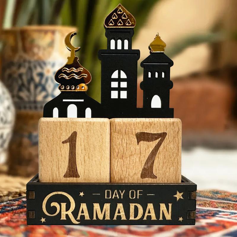 1 Count Ramadan Wooden Calendar Decor, Eid Countdown Calendar Blocks, Star & Moon-Themed Eid Mubarak Decoration, Islamic-Style Desktop Date Ornament, Creative Festive Atmosphere Decor
