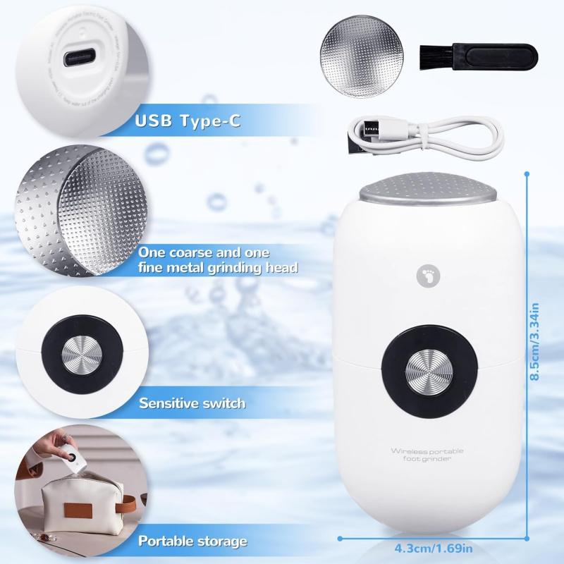 Electric Foot Callus Remover Grinder - Rechargeable Pedicure Tools Callus Remover for Feet Foot Scrubber File Foot Care with 3 Speeds 2 Stainless Nail Art Nail Cutics Cleansing White Manicure Set Long Lasting Salon Water Proof Cleanser