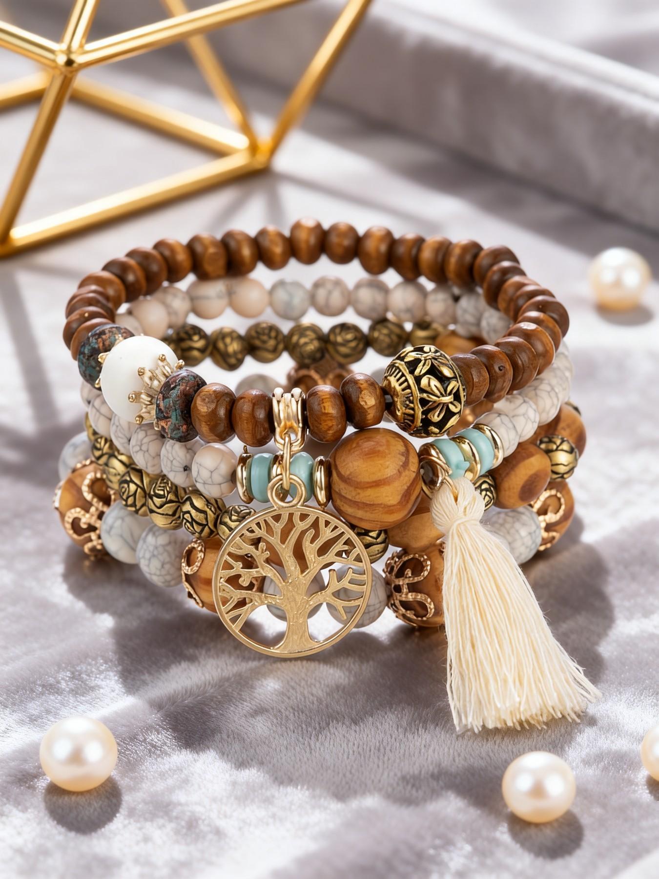 Boho Tree of Life Beaded Bangles Bracelets Set for Women - Multilayer Stackable Bohemian Jewelry with Tassel, Perfect for Black Girl Style & Festival Fashion