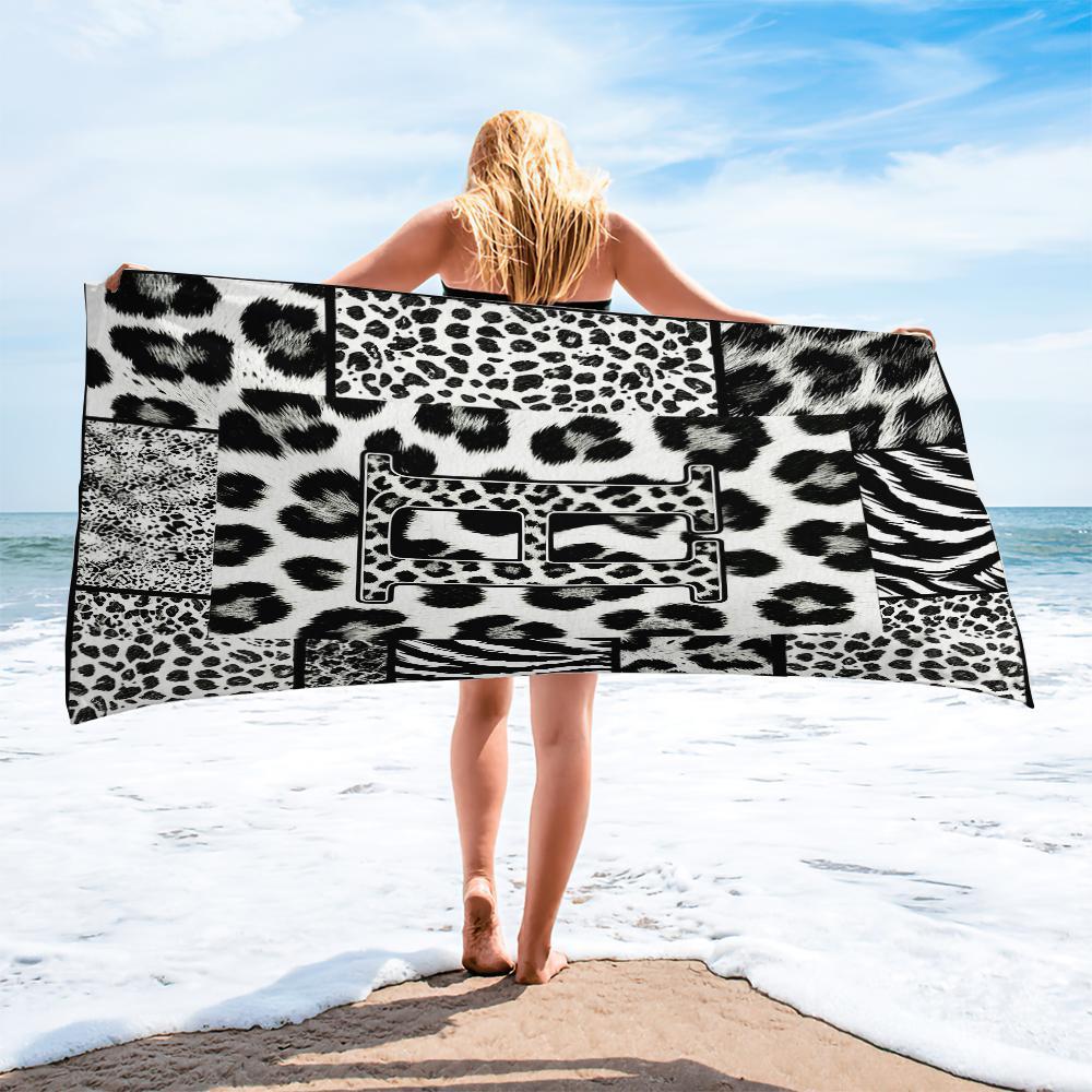 Leopard Print Letter Beach Towel, Black White Animal Patchwork Beach Blanket, Quick Dry Sand Free Bath Towel for Swimming Pool Camping, Monogram Initial Decor for Kids Teens Adults