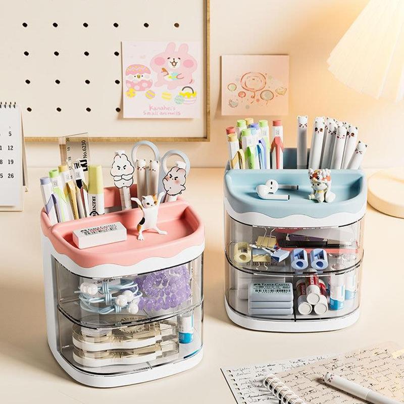 High-Value Rotating Pen Holder, Multi-Layer Transparent Storage, Cartoon Decorative Stationery, Small Item Classification Organizer, Stationary Organizer Holder