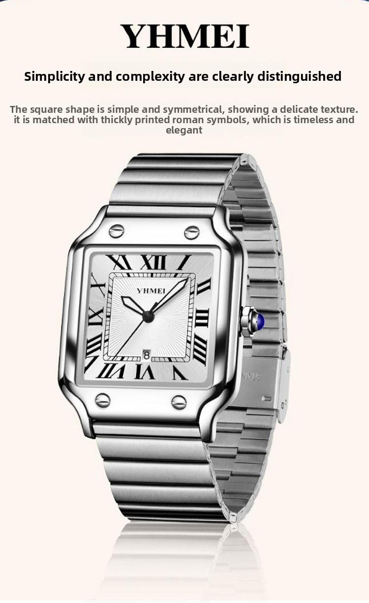 Women's Men's Unisex Square Watch - Silver Stainless Steel Band, Roman Numerals, Date Display, Waterproof Quartz Wristwatch, Fashion Casual Retro Wristwatch, Perfect Gift
