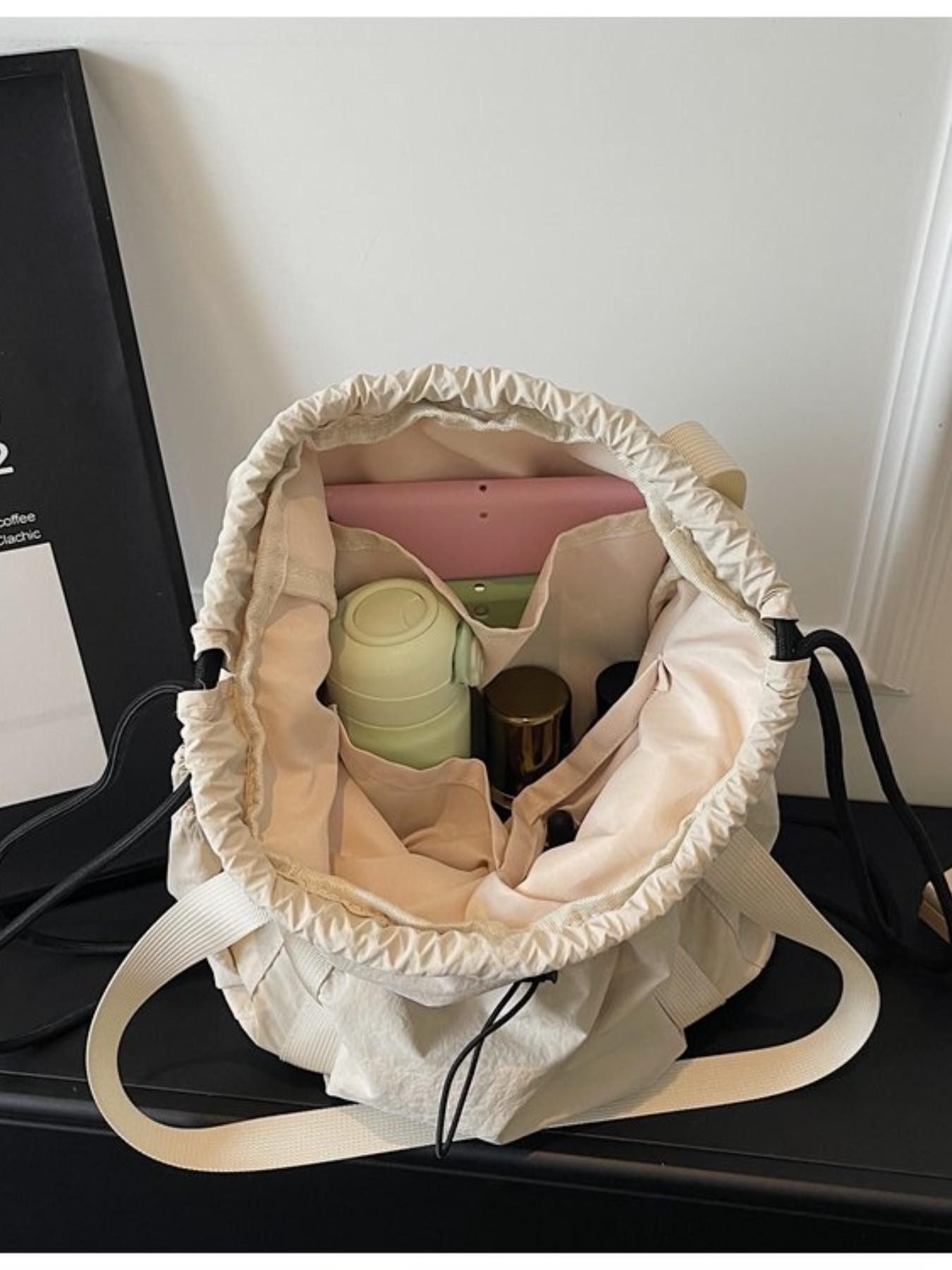 Large Capacity Drawstring Tote Backpack, Lightweight Nylon Shoulder Bag with Secure Pockets, Foldable Unisex Casual Daily Bag, Travel Fitness Shopping Bag